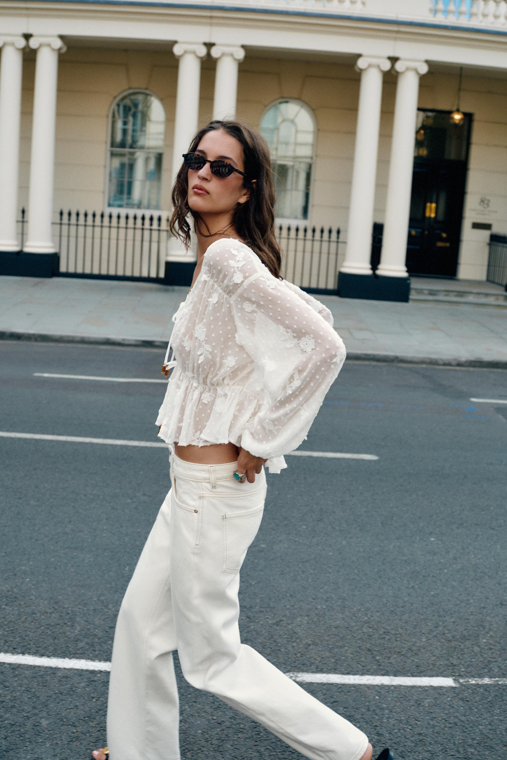 EMBROIDERED DOTTED MESH BLOUSE
